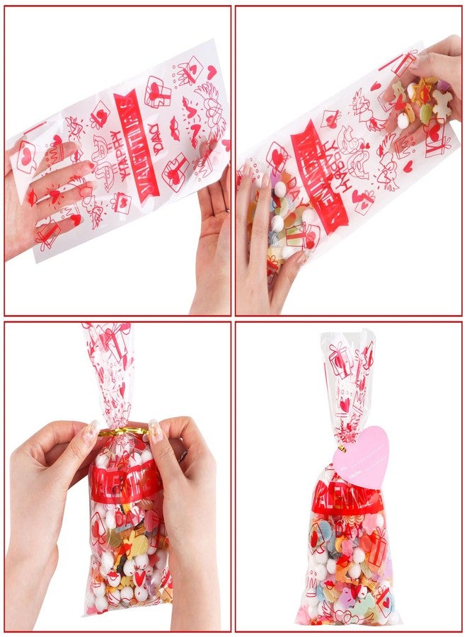 STEFORD 150Pcs Valentine Cellophane Bags, Valentine Day Cellophane Treat Bags, Valentine Gift Bags with 50Pcs Heart Tags, 180Pcs Twist Ties - Image 4